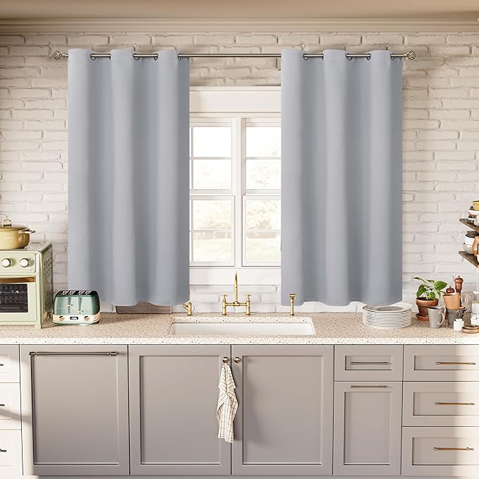 BGment Light Grey Short Blackout Curtains for Small Windows, 38 x 45 Inch Thermal Insulated Tier Set of 2 Panels Sun Blocking Drapes for Kitchen Bedroom