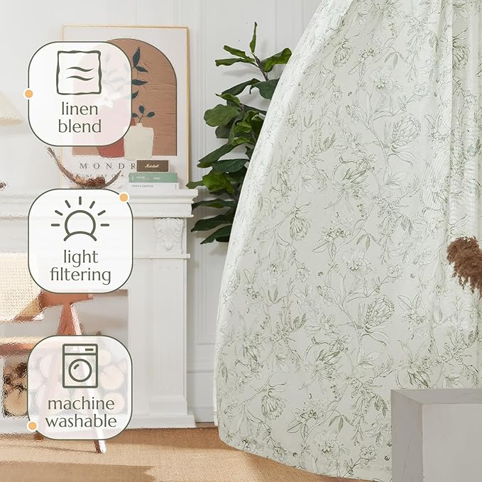jinchan Floral Curtains 90 Inch Length Sage Green Flower Linen Farmhouse Curtain for Living Room French Country Vintage Curtain Rod Pocket Curtains Set 2 Panels Floral Printed