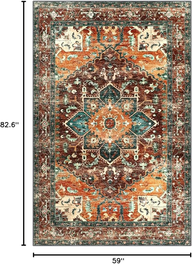 Yamaziot Area Rug 5x7, Non-Slip Washable Boho Vintage Living Room Bedroom Rug with Rubber Backing, Low Pile Faux Wool Soft Distressed Rug Floor Carpet for Living Room, Bedroom