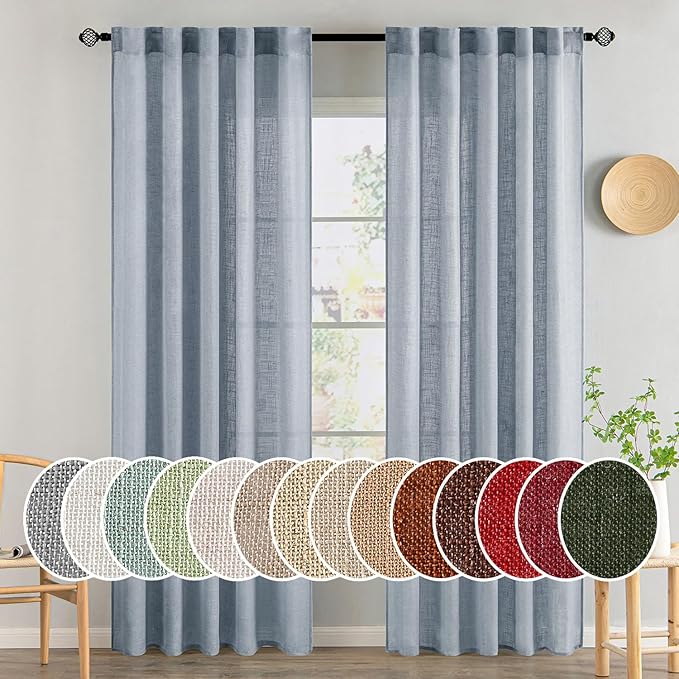 MIULEE Chambray Blue Linen Curtains 96 Inches Long 2 Panels for Bedroom Living Room, Soft Linen Textured Window Drapes Semi Sheer Light Filtering Back Tab Rod Pocket Farmhouse Modern Burlap Look Decor