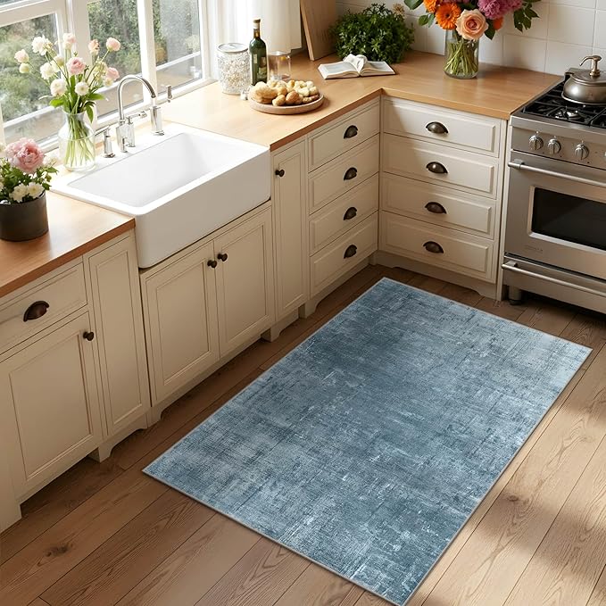Latte&Fog 2x3 Entryway Rug, Small Modern Abstract Door Mat, Blue Washable Kitchen Rug, Boho Non Slip Low Pile Carpet for Indoor Kitchen, Entry, Front Door and Bathroom