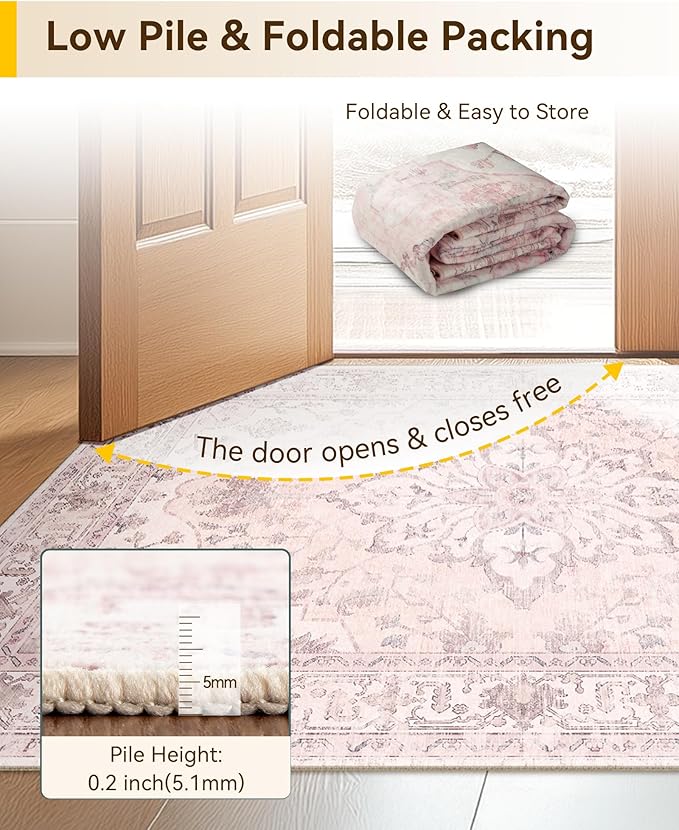 RELEANY Area Rugs 6'x8' Washable Non-Slip, Floral Vintage Distress Print Pattern Medallion Carpet for Living Room Bedroom Dining Room, Pink Greypink Cute