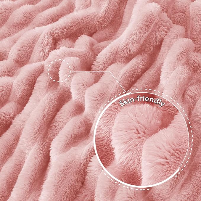 Exclusivo Mezcla King Size Flannel Fleece Blanket, Super Soft Striped Jacquard Bed Blanket, Lightweight Fuzzy Cozy for All Seasons, 90x104 Inches, Pink