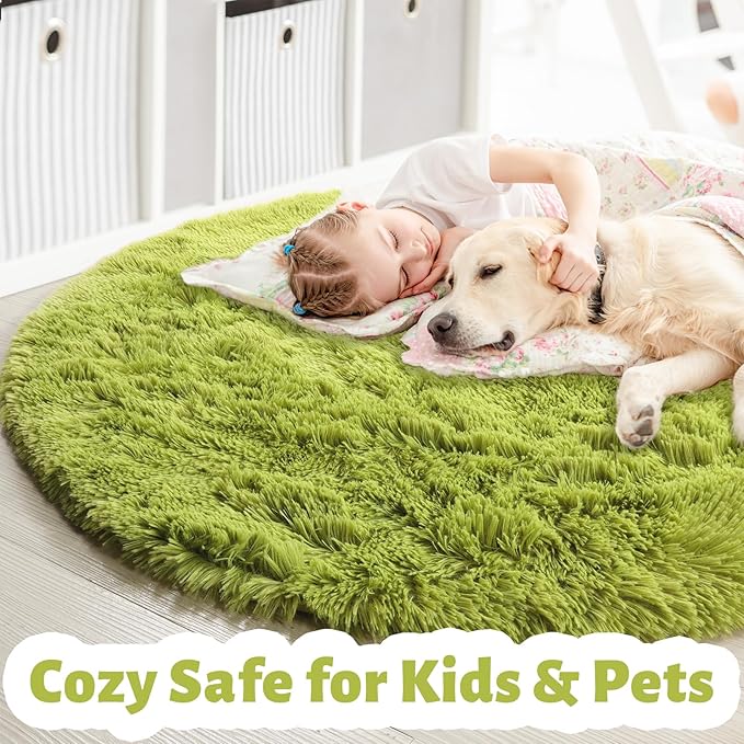 Grass Green Round Rugs 5Ft for Bedroom, Fluffy Shaggy Circle Area Rugs for Kids Playroom Baby Nursery, Cozy Cool Living Room Decor Aesthetic, Cute Fuzzy Furry Plush Carpet for Teen Girls Boys Toddler