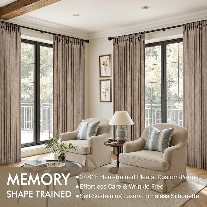 MIULEE Pinch Pleated Thick Linen Curtains 84 Inches Long 2 Panels for Living Room Bedroom, Memory Trained Pleat Drapes Back Tab Light Filtering Country Farmhouse Brown Burlap Curtains with Hooks&Rings