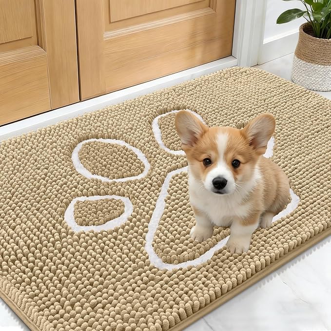 OLANLY Dog Door Mat for Muddy Paws 24x16, Paw Print Design, Absorbs Moisture and Dirt, Absorbent Non-Slip Washable Doormat, Quick Dry Chenille Mud Mat for Dogs, Entry Indoor Entryway Carpet, Beige