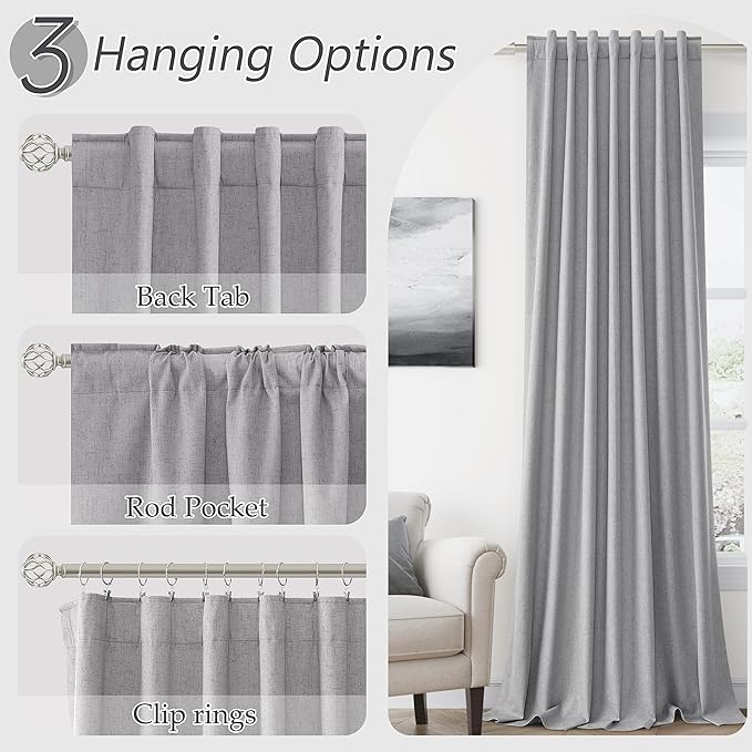 Guken Grey 100% Blackout Curtains 96 Inch Length 2 Panels Set for Living Room Bedroom Back Tab Thermal Insulated Black Out Linen Drapes Room Darkening Window Curtains 96 Inches Long