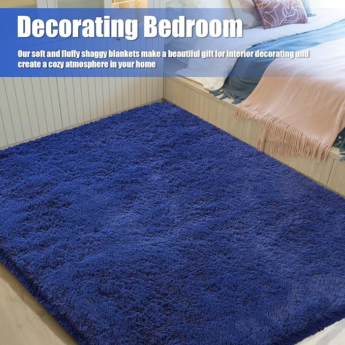 Ultra Soft Fluffy Area Rugs for Bedroom Living Room 10x14, Nursery Rug, Non-Slip Carpet for Kids Dorms Decor, Shaggy Bedside Rug, Blue