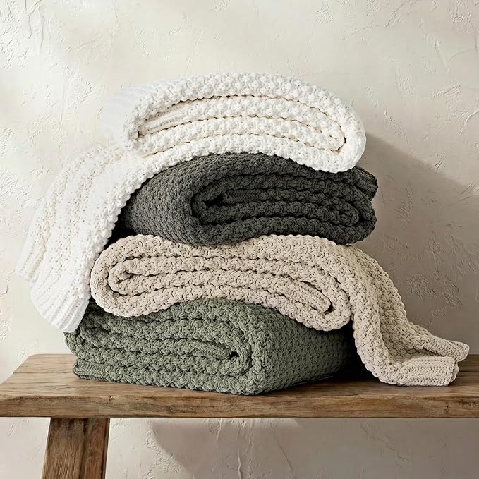 EVERGRACEHOME Chunky Chenille Knit Throw Blanket for Couch, Soft Luxurious Moss Stitch Blankets for Bed, Cozy Decorative Farmhouse Knitted Throws for Sofa, Dried Thyme Green, 50" x 60"
