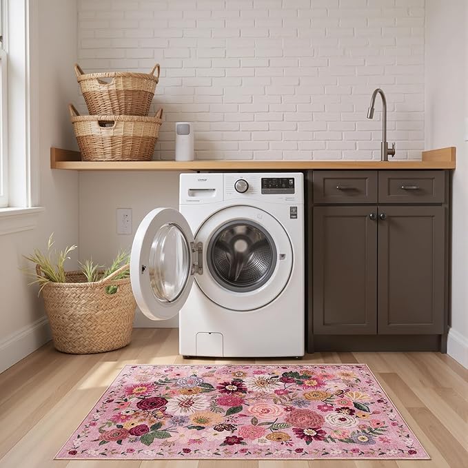 2x4 Entryway Runner Rugs, Non Slip Washable Rugs with Rubber Backing Soft Floral Carpet Runner for Kitchen, Laundry, Bedroom, Bathroom(2 x 4, Pink Garden)