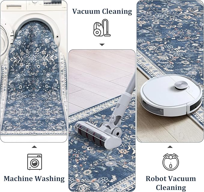 Yamaziot Washable Runner Rug 2x12 – Floral Non Slip Boho Hallway Runner Rug with Rubber Backing, Low Pile Faux Wool Distressed Carpet for Kitchen, Laundry, Bedroom, Entrance, Blue