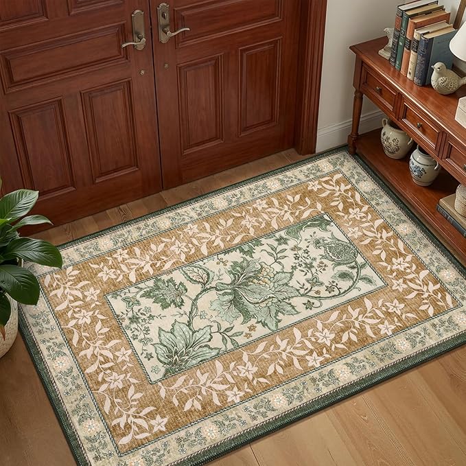 GarveeHome Terracotta Olive Sage Green 2x6 Washable Kitchen Runner Rugs Non Slip Provence Botanical Grove Vintage Boho Cottage Long Rug for Hallways Bedroom TPE Rubber Backing