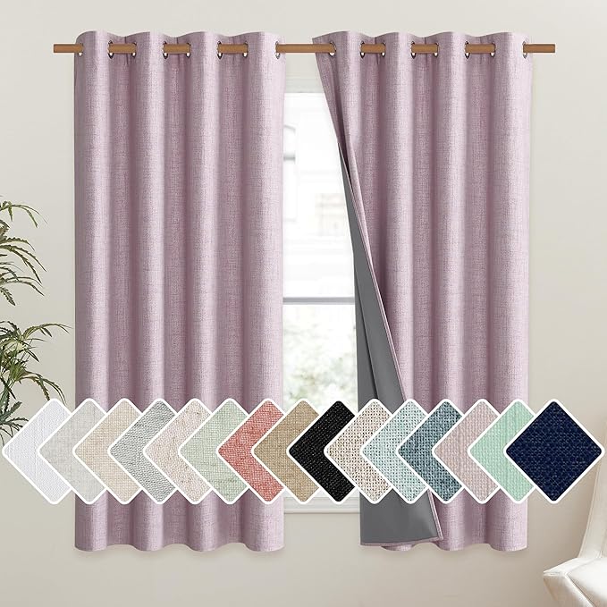 NICETOWN Pink Vintage Linen 100% Blackout Curtains for Living Room, Thermal Insulated Curtains 45" Long, Noise Reducing Window Treatment Drapes for Hall Room, 52" Wide Per Panel, Set of 2