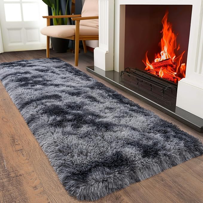 Ultra Soft Runner Rugs for Bedroom Hallways with Upgraded Non-Slip Rubber Backing & Thick Memory Sponge, 2x8 Feet Fluffy Shag Throw Area Rug for Bedside Dorm Tie-dye Dark Grey