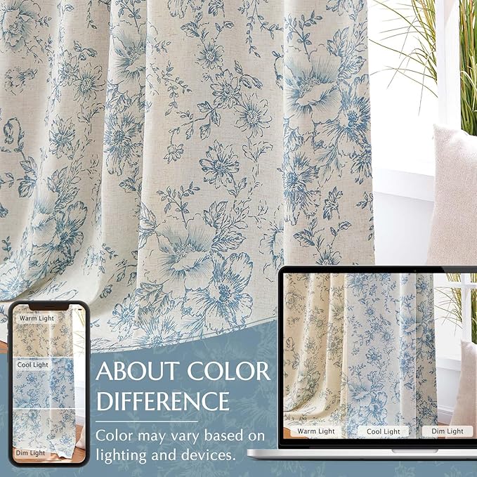 jinchan Blackout Floral Curtains for Living Room Bedroom Linen Blend Curtain Farmhouse Blue Printed with Lined Back Tab Rod Pocket Drapes Window Treatments 2 Panels 96 Inch