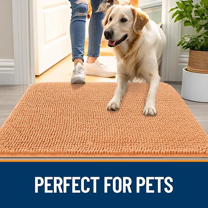 OLANLY Dog Door Mat for Muddy Paws 40x24, Absorbs Moisture and Dirt, Absorbent Non-Slip Washable Doormat, Quick Dry Chenille Mud Mat for Dogs, Entry Indoor Entryway Carpet for Inside Floor, Orange