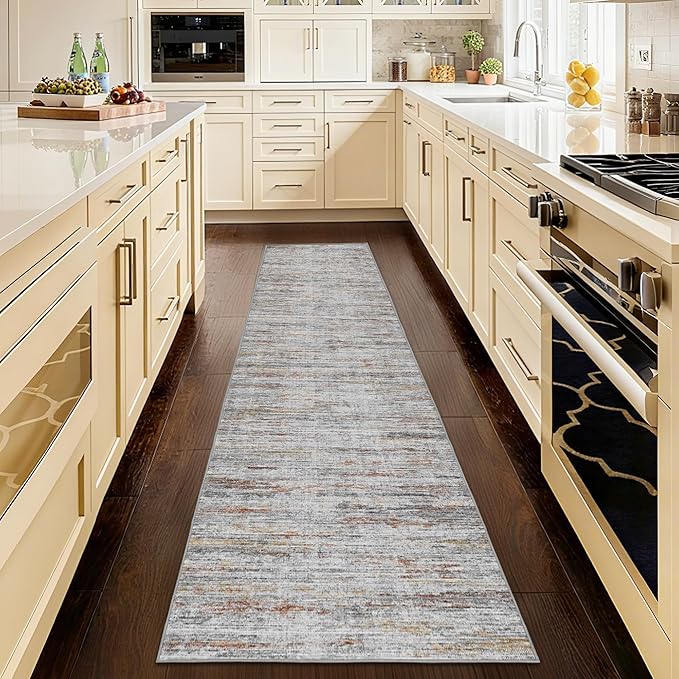 2x10 Runner Rug Non-Slip，Modern Abstract 10ft Washable Runner Rugs for Hallways, Ultra-Thin Long Kitchen Rug Runners,Stain Resistant Floor Carpet for Bedroom,Laundry Room,Entryway（Grey/Multi,2'x10'）