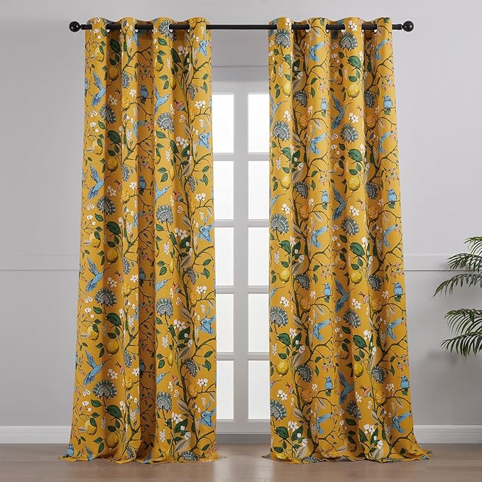 Extra Long 120 Inches Curtains for Large Window Luxury Mustard Yellow Floor To Ceiling Blackout Vintage Floral Hummingbird Fancy Grommet Drop Cloth Damask Drape for Living Room Dining 2 Pages 10 FT
