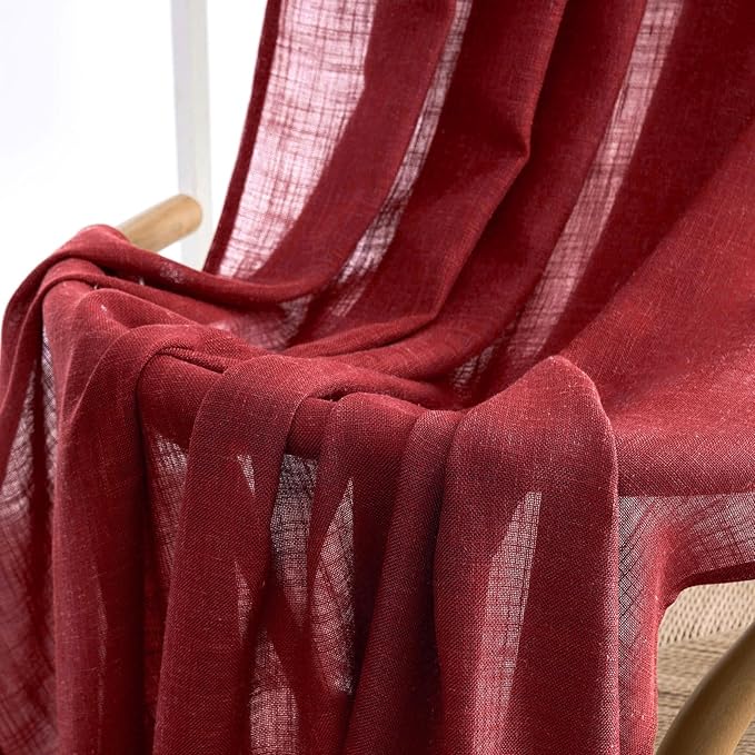 MIULEE Burgundy Red Kitchen Curtains 30 Inch Length 2 Panels, Soft Thick Linen Textured Semi Sheer Light Filtering Short Cafe Tier Curtains for Small Half Window Back Tab Rod Pocket Christmas Decor