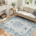 Area Rugs 4'x5' Washable Non-Slip, Floral Vintage Distress Print Pattern Medallion Carpet for Living Room Bedroom Dining Room, Light Blue Navy Beige Gray White