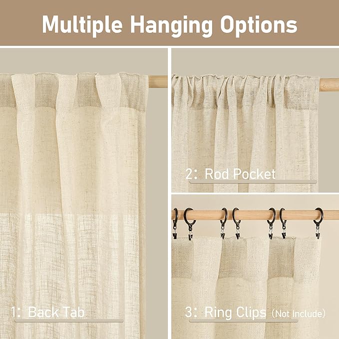 LAMIT Short Window Linen Curtains 36 Inch Length 2 Panels, Beige Light Filtering Panels Back Tab and Rod Pocket Neutral Drapes for Bathroom/Loft Room, 34 x 36 Inch