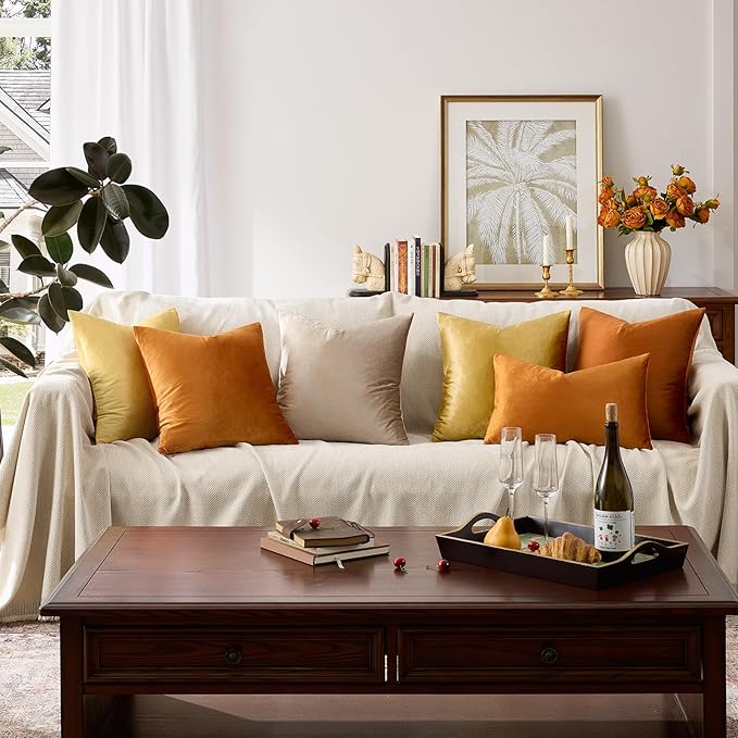 GIGIZAZA Decorative Throw Pillow Covers for Sofa,Cinnamon Burnt Orange Velvet Bed 2 Pack Soft Cushion Cover