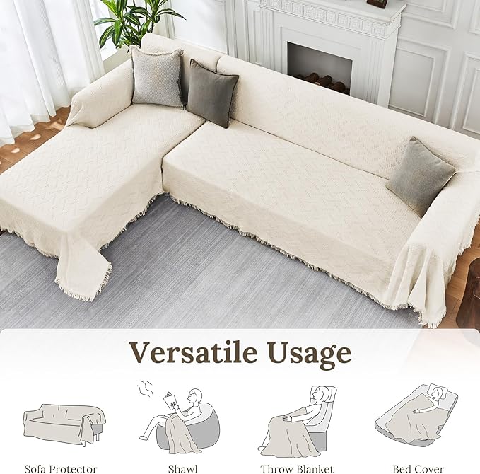 HOMERILLA Sectional Couch Covers for Sectional Sofa L Shaped Sofa Cover Blanket 2 Pieces L Shape Furniture Protector for Pets Dogs (Ivory, XX-Large)