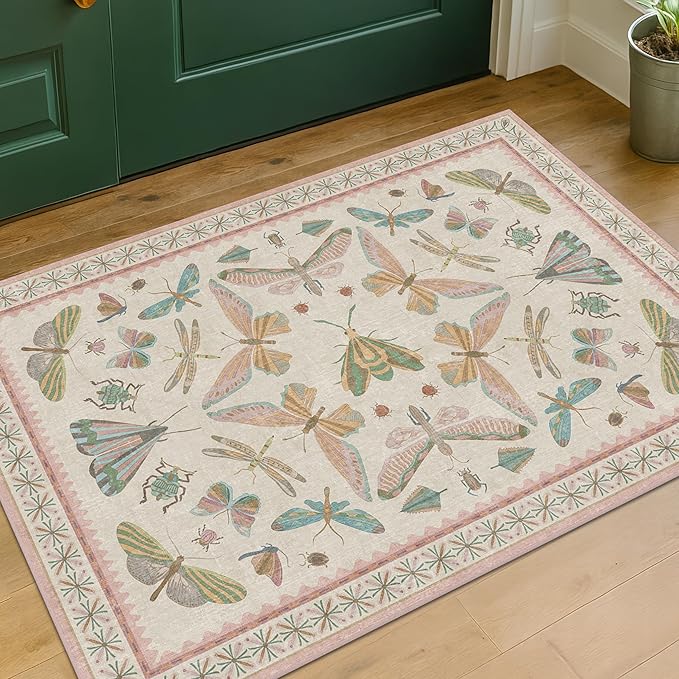 Hazo Haus Light Pink Bathroom Rug - Washable 2x3 Small Kitchen Rugs for Powder Room, Front Door Indoor Entrance, Low Pile Stain Resistant, Colorful Pastel Aethestic