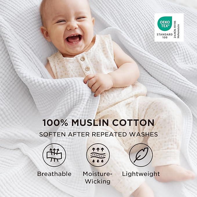 Bedsure 100% Cotton Muslin Blanket Queen Size for Bed - 4-Layer Breathable and Lightweight Thin Soft Summer Gauze Muslin Blankets for Adults, White, 90x90 Inches