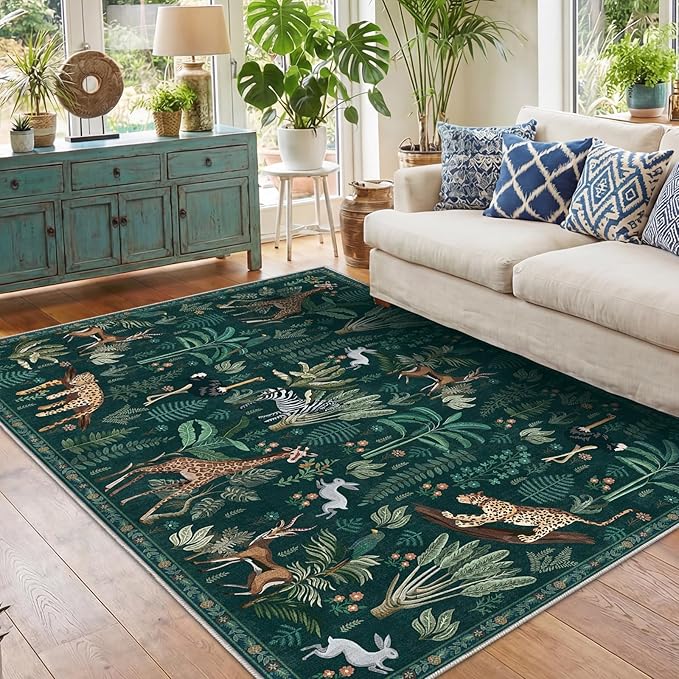 OPPODREAM Animal Soft Area Rugs 5x7, Washable Green Rug with Non Slip Backing, 5 x 7 Faux Cashmere Low-Pile 5x7 Carpet