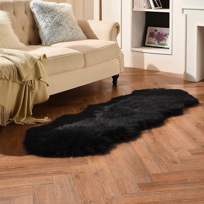 duduta Black Faux Sheepskin Runner Rugs 2x6 ft, Fluffy Shag Bedroom Rug Fur Couch Sofa Covers Halloween Decor Washable