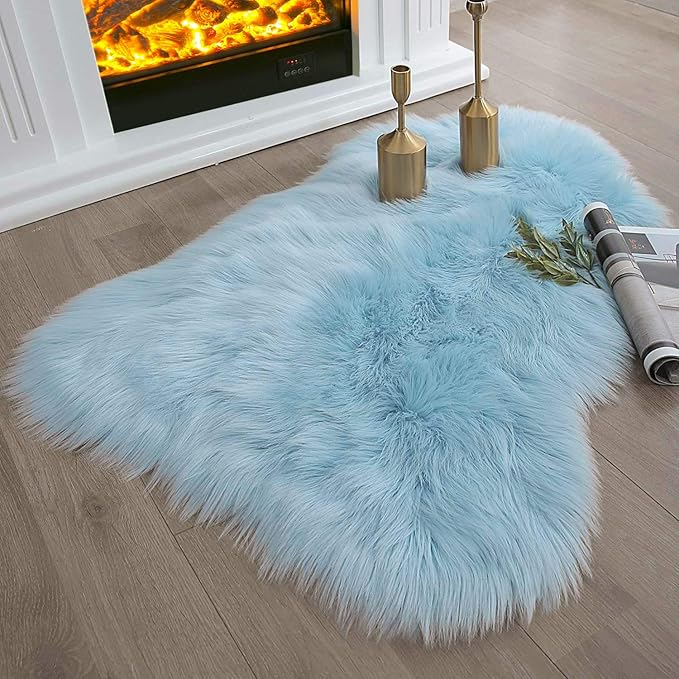 Ashler faux fur rug, Fluffy Shaggy Area Rug Ultra Soft 2 x 3 Feet Sheepskin Fur Rug, Light Blue Fuzzy Rug Machine Washable Shag Rug, Nursery Decor Throw Rugs for Bedroom, kids room, Living Room