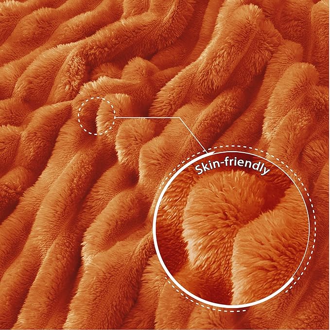 Exclusivo Mezcla Twin Size Flannel Fleece Blanket, Super Soft Striped Jacquard Bed Blanket, Lightweight Fuzzy Cozy for All Seasons, 60x80 Inches, Burnt Orange