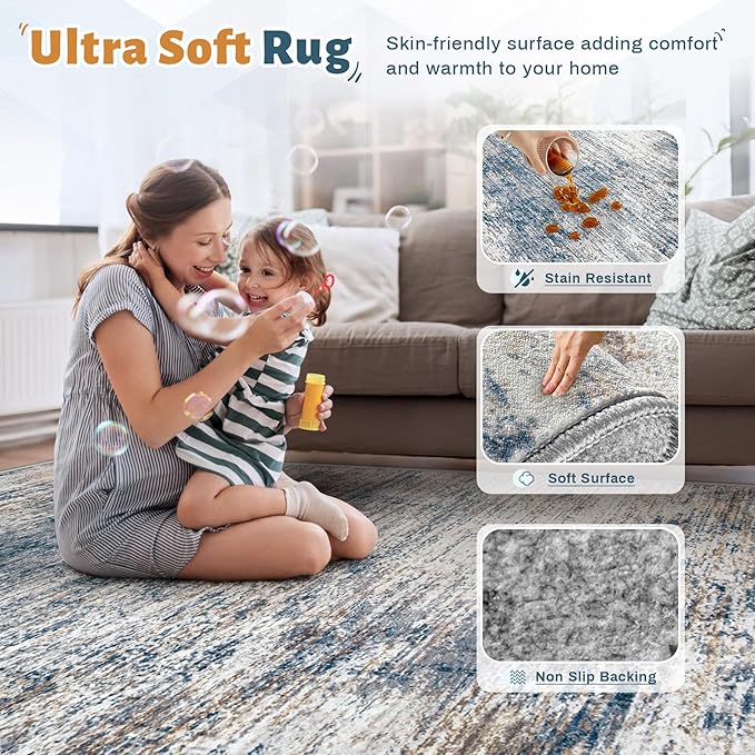 6x9 Area Rugs for Living Room, Washable Modern Abstract Large Area Rug Neutral Soft Non Slip Kids Rug Stain Resistant Indoor Carpet for Bedroom Nursery Dining Room Playroom(BlueWhite, 6'x9')
