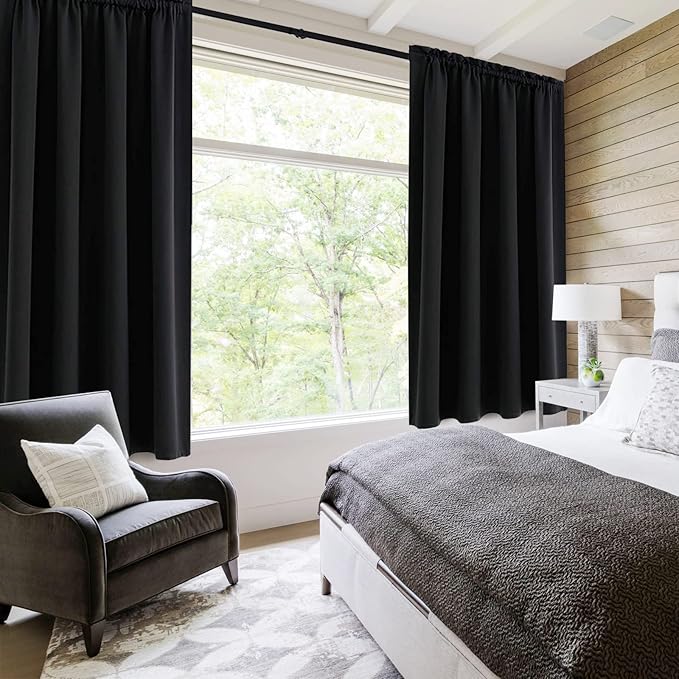 DWCN Blackout Curtains Room Darkening Thermal Insulated Bedroom Curtains Window Curtain Panels, 52 x 45 inches Long, Set of 2 Black Rod Pocket Drapes