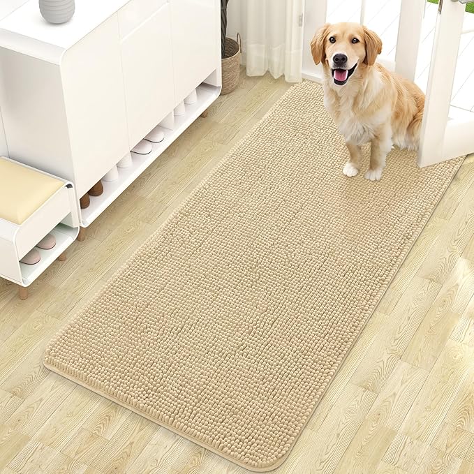 OLANLY Dog Door Mat for Muddy Paws 47x24, Absorbs Moisture and Dirt, Absorbent Non-Slip Washable Doormat, Quick Dry Chenille Mud Mat for Dogs, Entry Indoor Entryway Carpet for Inside Floor, Sand