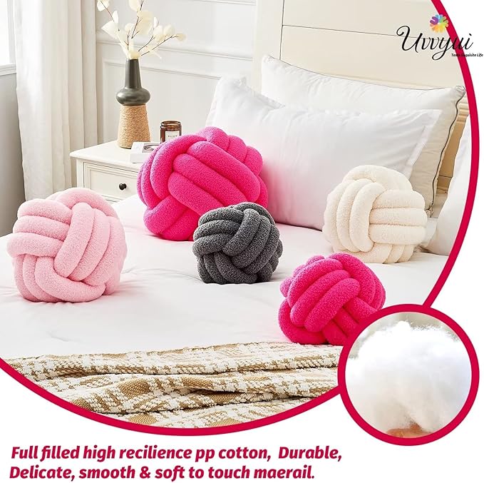 Uvvyui Knot Pillow Ball, Soft Home Decorative Pillows, Round Throw Pillow, Handmade Knotted Plush Pillow, Round Boucle Pillow Cushion (14 Inches Hot Pink)