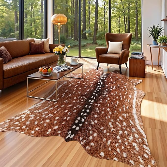 AROGAN Premium Deer Print Rug 6.2x7 Feet, Machine Washable Faux Fur Rug, Non-Slip Animal Print Hide Deer Skin Area Rug for Bedroom Living Room Home Decor