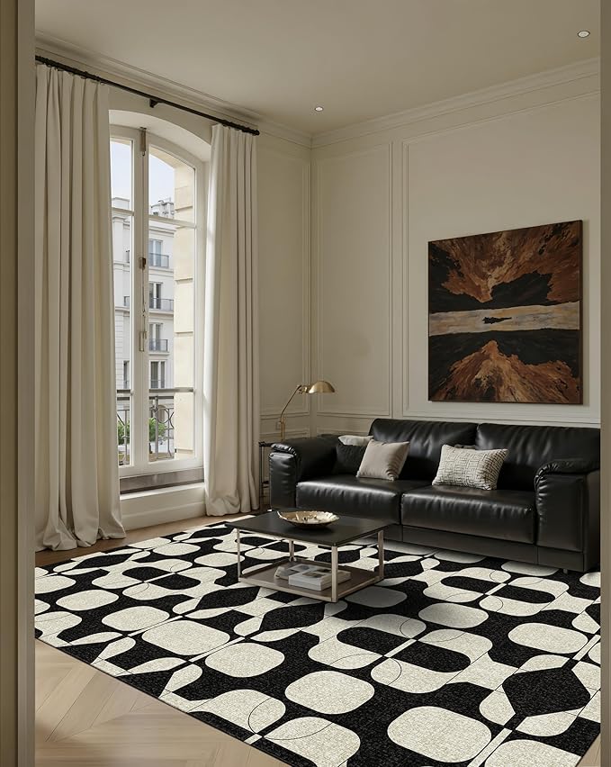 Latte&Fog 5x7 Area Rugs for Living Room Bedroom, Black Vintage Washable Rug, Boho Non Slip Low Pile Carpet for Dining Room, Dorm, Classroom, College Dorm, Farmhouse and Home Office - Black Beige