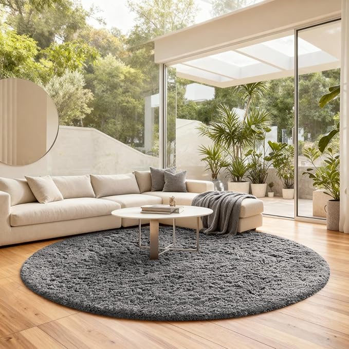 Ophanie Round Rug 8Ft Grey Circle Area Rugs, Large Fluffy Fuzzy Living Room Carpet 8 feet, Plush Shag Solid indoor Floor Gray Bedroom Christmas Circular Aesthetic Decor for Kids Teen Boys Baby,Nursery
