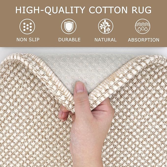 KOZYFLY Runners for Hallways 2x7 ft Washable Kitchen Runner Non Slip Rubber Backed Hall Runners Cotton Entryway Runner Rugs Floor Carpet for Indoor Backdoor Bedroom Kitchen, Ivory/Khaki