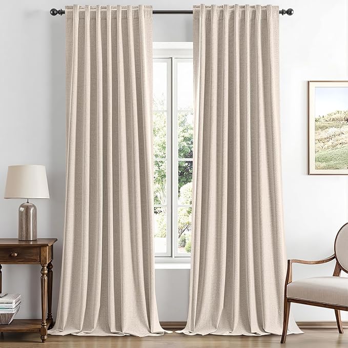 MIULEE 100% Blackout Linen Curtains for Bedroom, Natural Solid Luxury Decor Thermal Insulation Room Darkening Drapes for Living Room Nursery Back Tab Rod Pocket 42 x 96 Inches, 2 Panels