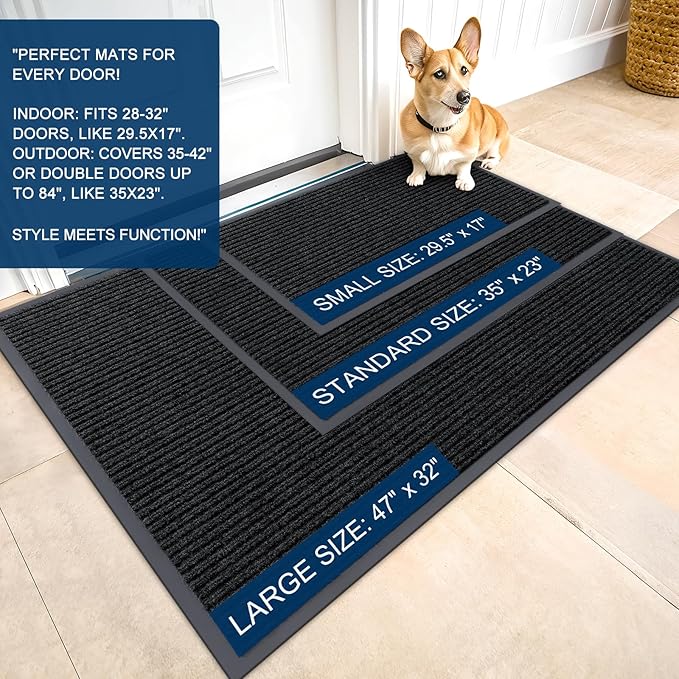 OLANLY Front Door Mat Indoor Outdoor Entrance, 2-Pack 29.5 x 17 Inch, Waterproof Heavy Duty Doormat, Fade Resistant, Low Profile, Easy Clean Patio Porch Welcome Floor Mats for Entry, Black