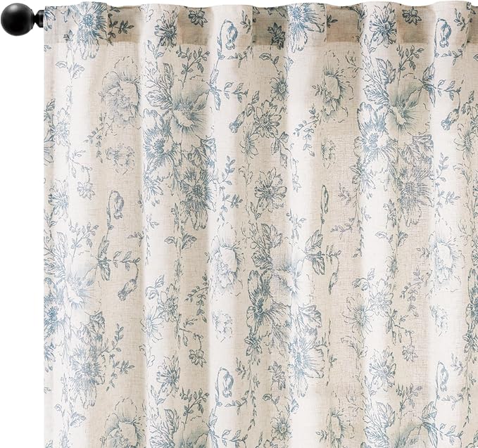jinchan Linen Blend Curtain Floral Curtains for Living Room 90 Inch Length Blue Printed Curtain Rod Pocket Back Tab Farmhouse Peony Flower Patterned Drapes Bedroom Window Curtains Set 2 Panels