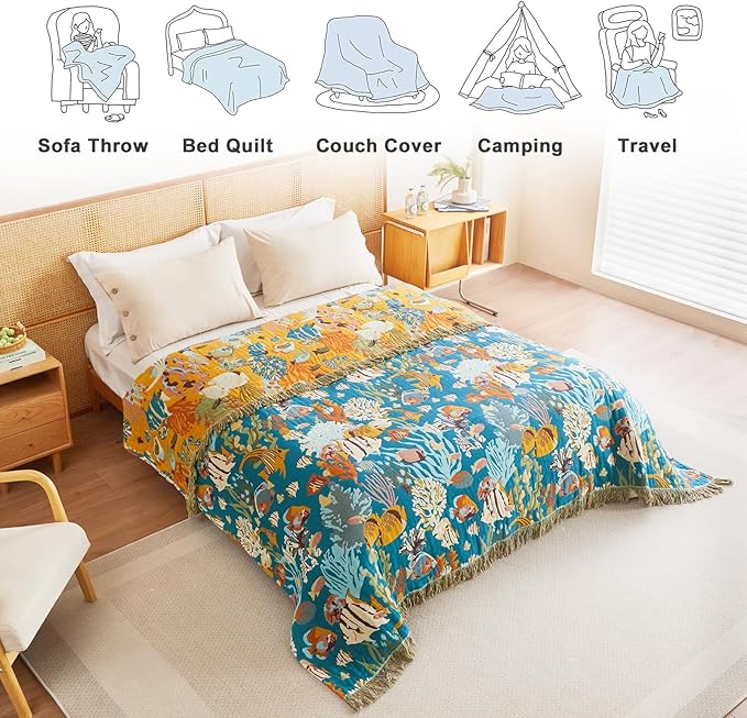 MSGKV Throw Blanket for Couch Cotton Cute Ocean Animals Blanket 50"x60" Sofa Chair Blankets Muslin Spring Breathable All Seasons Lightweight Farmhouse Home Decor
