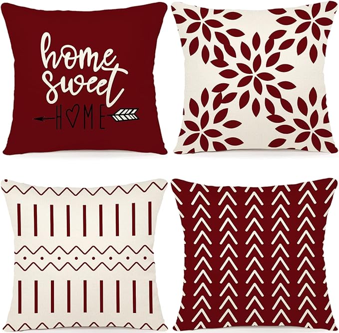 YCOLL Christmas Pillow Covers 16x16 Set of 4, Modern Sofa Throw Pillow Cover for Christmas Decor, Decorative Outdoor Linen Fabric Pillow Case for Couch Bed Car, Wine Red