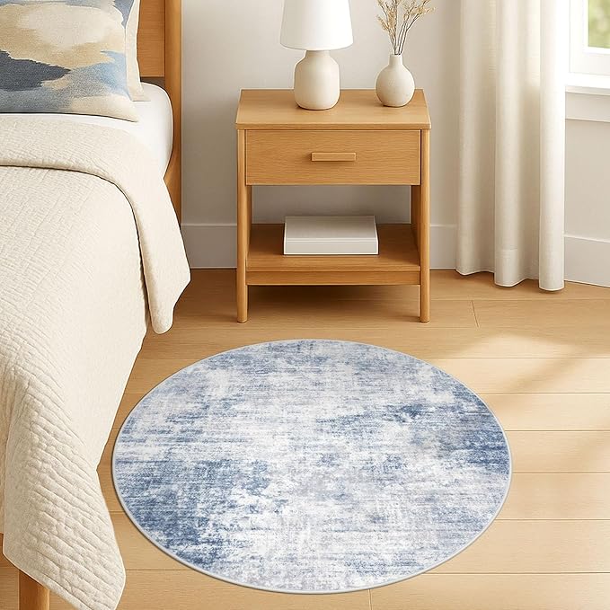 IOHOUZE Round Area Rug 3 Ft Circle Entryway Rugs Round Washable Door Mat Indoor Entrance, Non Slip Circle Front Door Rug, Printed Abstract Faux Wool Floor Carpet for Foyer Porch Sink, Light Blue Grey