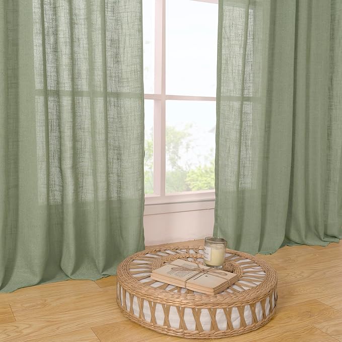 LAMIT 60 Inch Length Window Linen Curtains, Light Filtering Panels Back Tab and Rod Pocket Neutral Drapes for Bedroom/Living Room, Sage Green, 2 Panels, 34 x 60 Inch