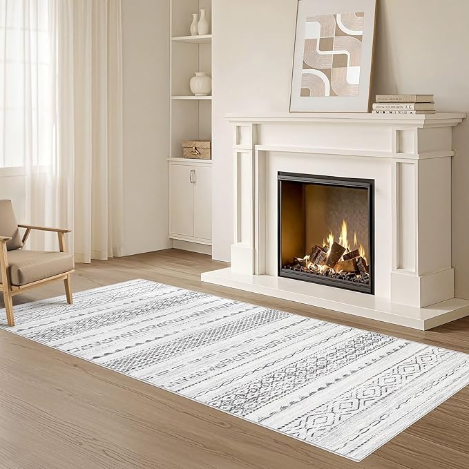 Nakagishi Runner Rug Kitchen Washable Rugs: 3x8 Non-Slip Boho Soft Modern Stain Resistant Indoor Floor Neutral Farmhouse Throw Carpet for Hallway Bathroom Laundry Room Entryway Bedroom- Grey