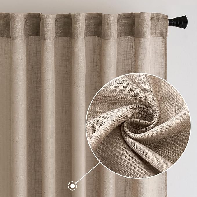 MIULEE Taupe Linen Curtains 96 Inch Long for Bedroom Living Room, Soft Thick Linen Textured Window Drapes Semi Sheer Light Filtering Back Tab Rod Pocket Burlap Look Farmhouse Country Decor, 2 Panels